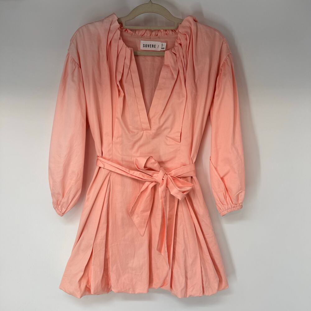 Sovere Fit & Flare Mini Dress Womens S Peachy Pink Belted Bubble Hem Puff Sleeve